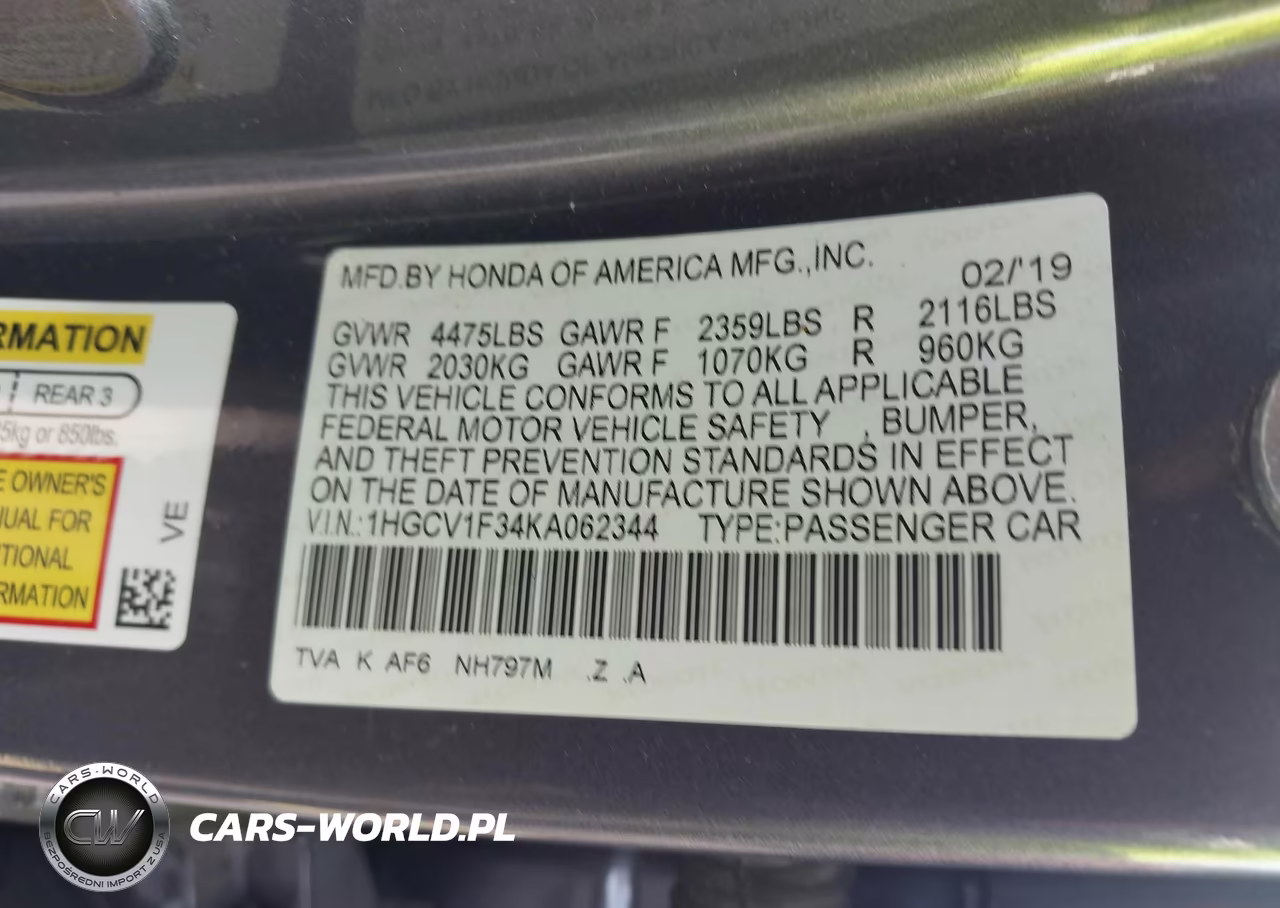 2019 Honda Accord Sport VIN:1HGCV1F34KA062344 - 9