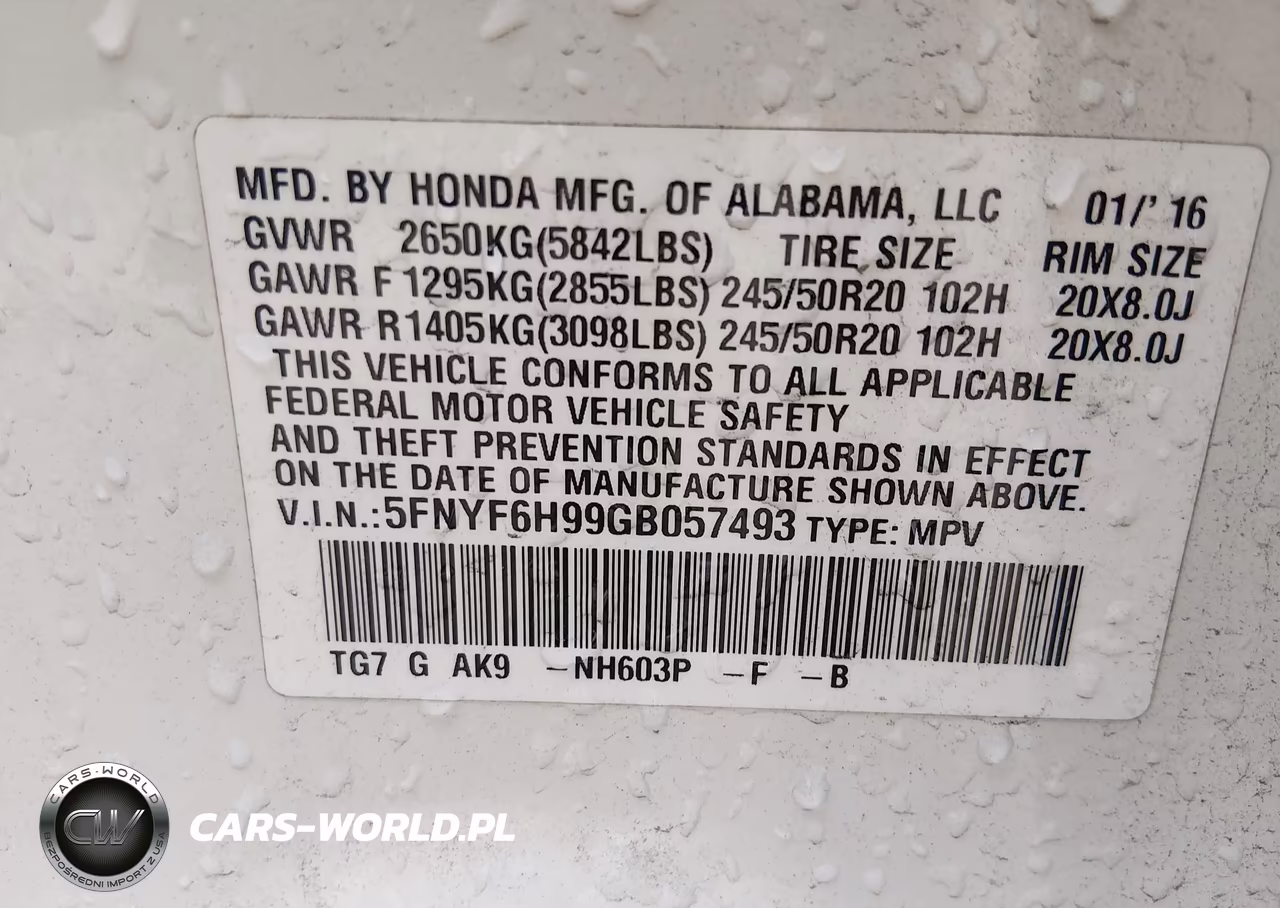 2016 Honda Pilot Touring VIN:5FNYF6H99GB057493 - 9