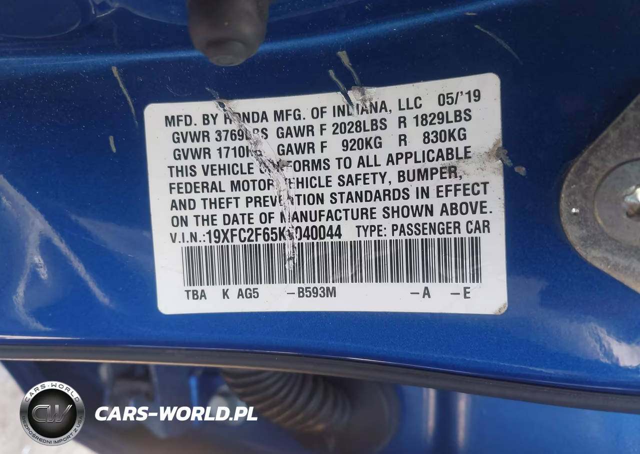 2019 Honda Civic Lx VIN:19XFC2F65KE040044 - 9