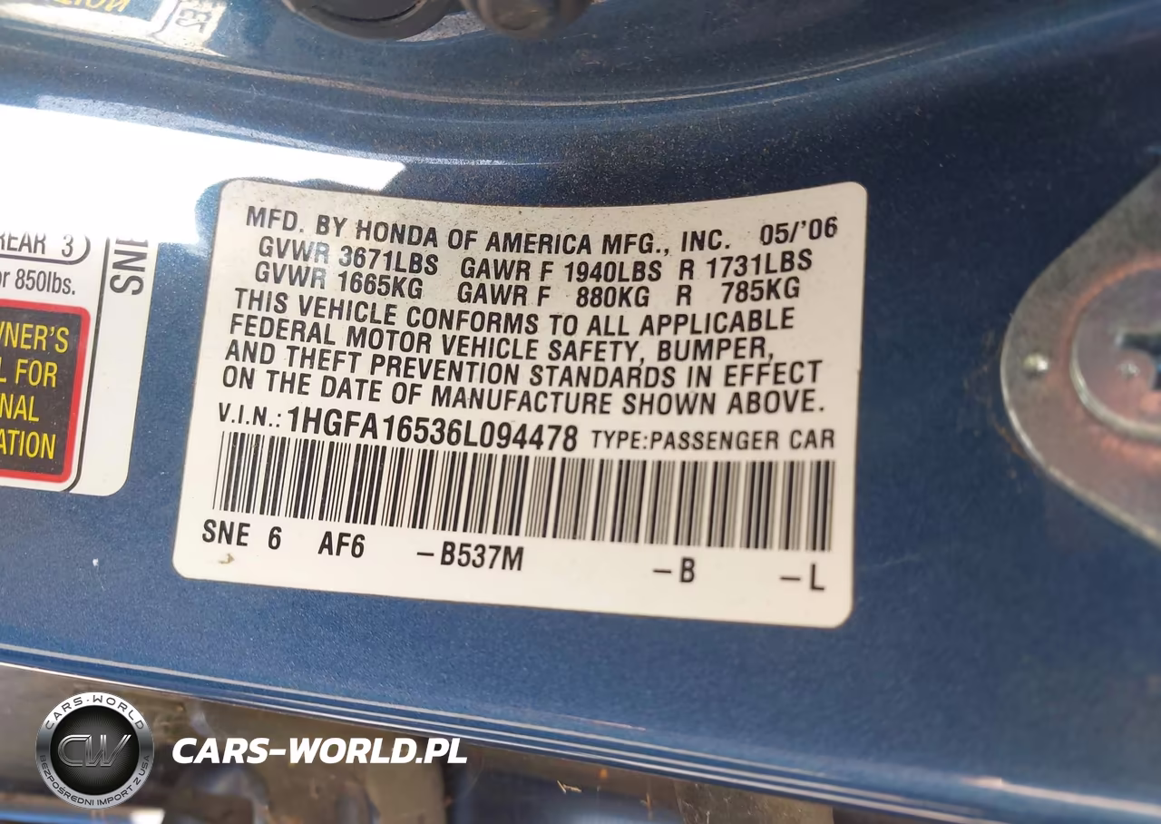 2006 Honda Civic Lx VIN:1HGFA16536L094478 - 9