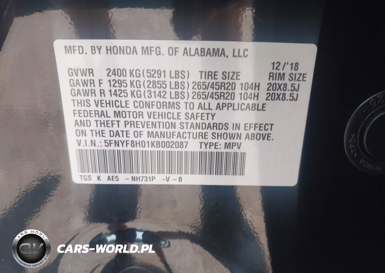 2019 Honda Passport Elite VIN:5FNYF8H01KB002087 - 9