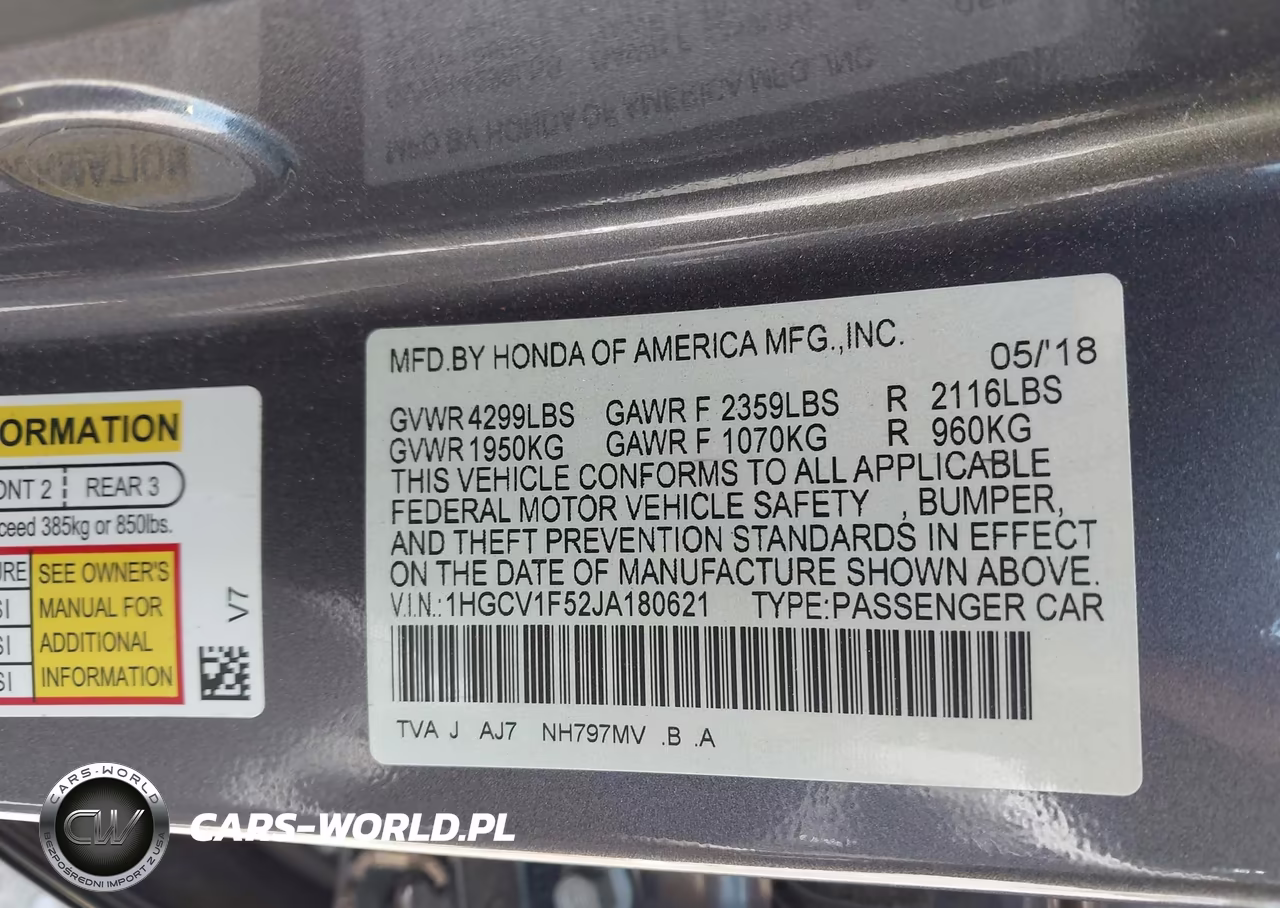 2018 Honda Accord Ex-L VIN:1HGCV1F52JA180621 - 9