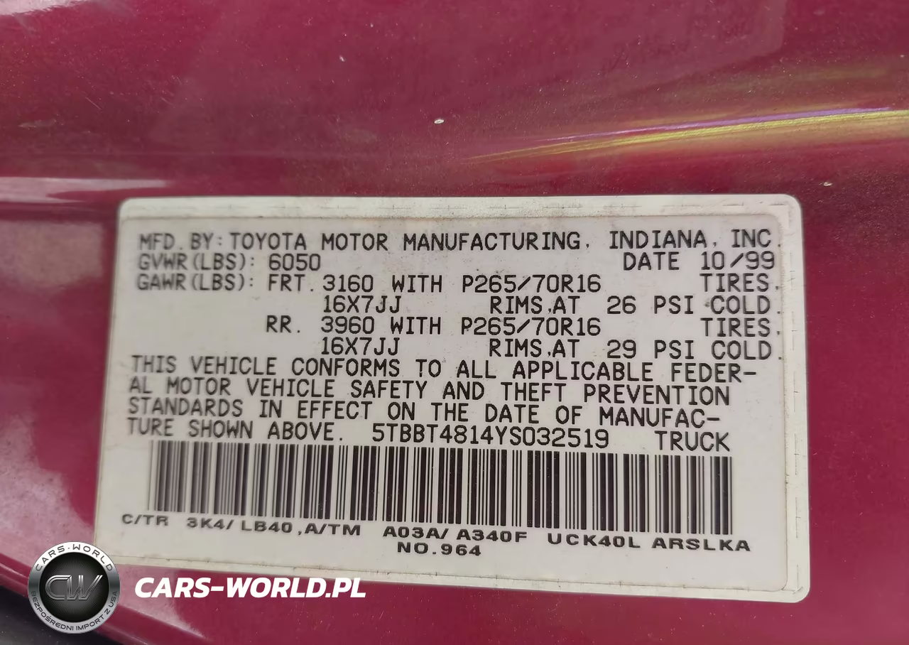 2000 Toyota Tundra Ltd V8 VIN:5TBBT4814YS032519 - 9