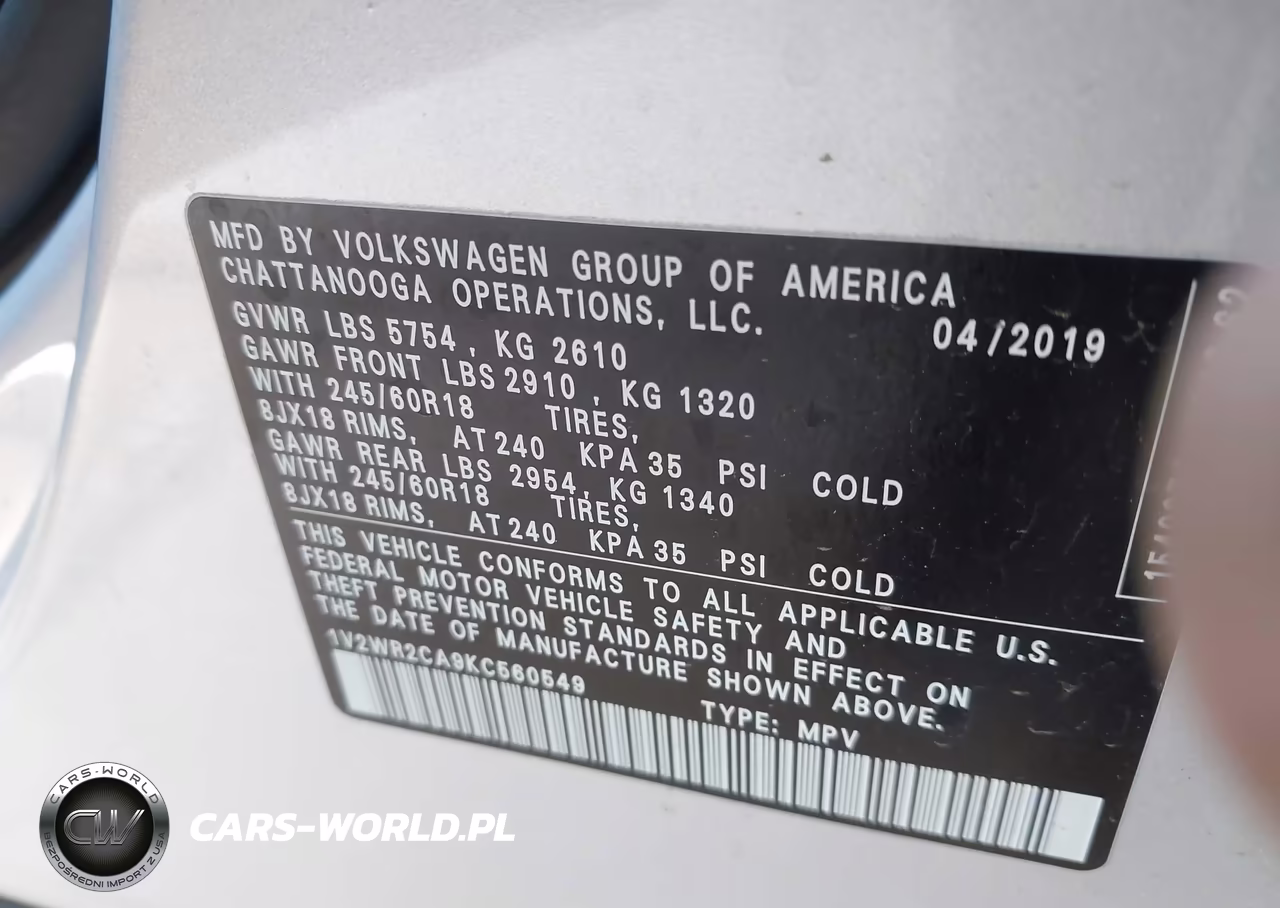 2019 Volkswagen Atlas 3.6L V6 Se W-Technology VIN:1V2WR2CA9KC560549 - 9