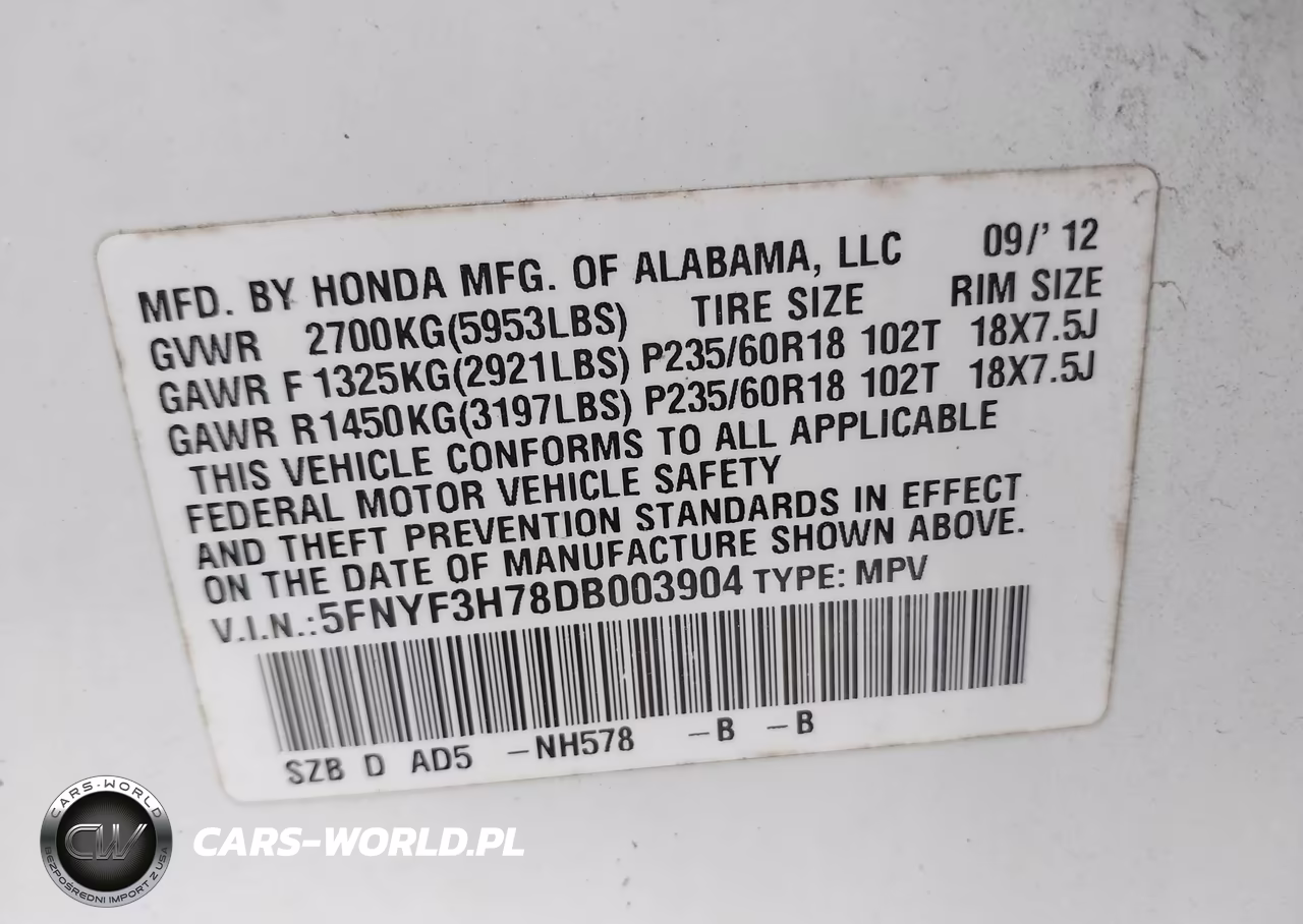 2013 Honda Pilot Ex-L VIN:5FNYF3H78DB003904 - 9