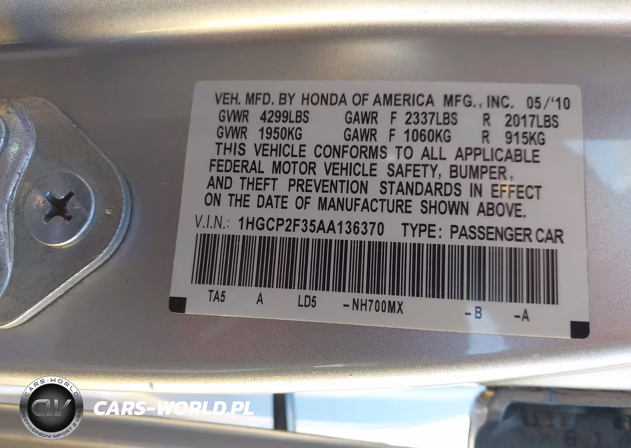 2010 Honda Accord 2.4 Lx VIN:1HGCP2F35AA136370 - 9
