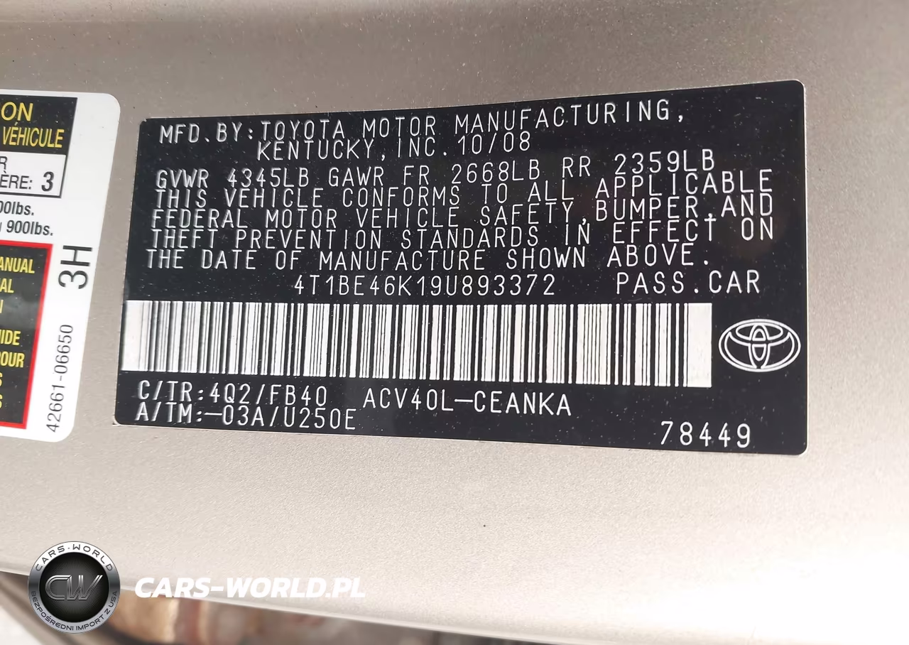 2009 Toyota Camry Le VIN:4T1BE46K19U893372 - 9