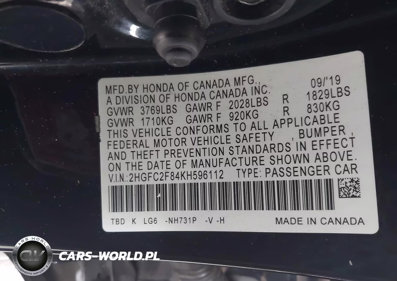 2019 Honda Civic Sport VIN:2HGFC2F84KH596112 - 9