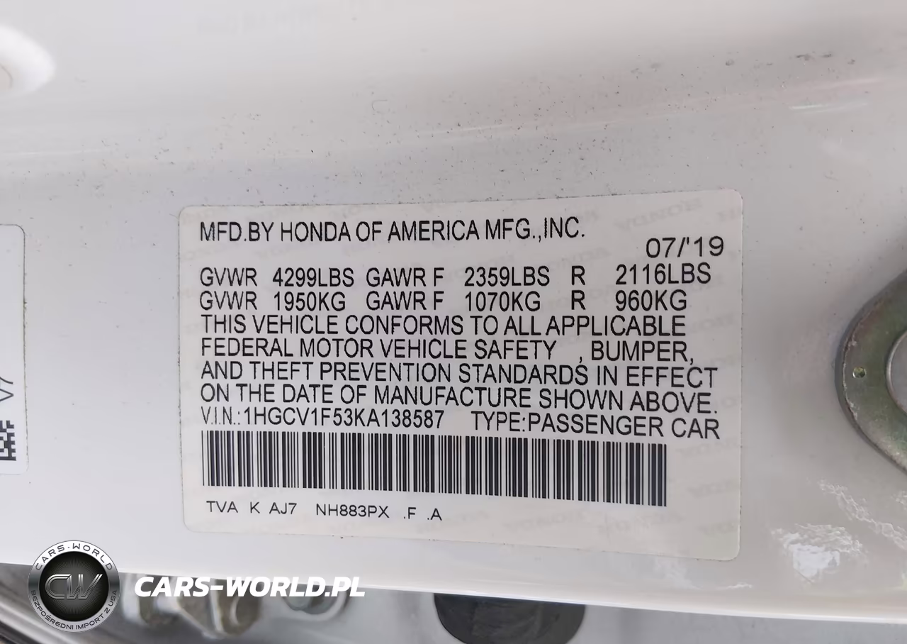 2019 Honda Accord Ex-L VIN:1HGCV1F53KA138587 - 9