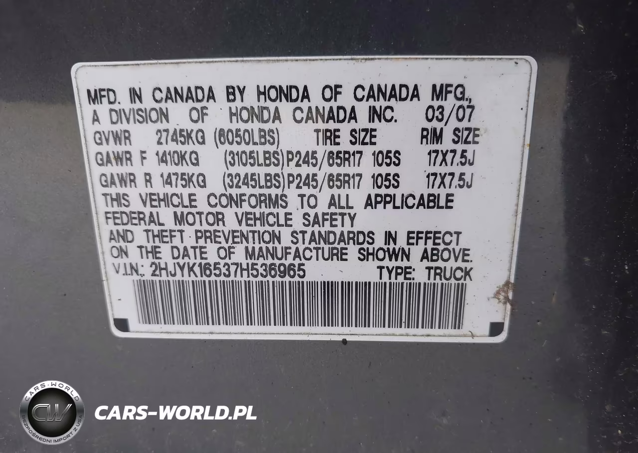 2007 Honda Ridgeline Rtl VIN:2HJYK16537H536965 - 9