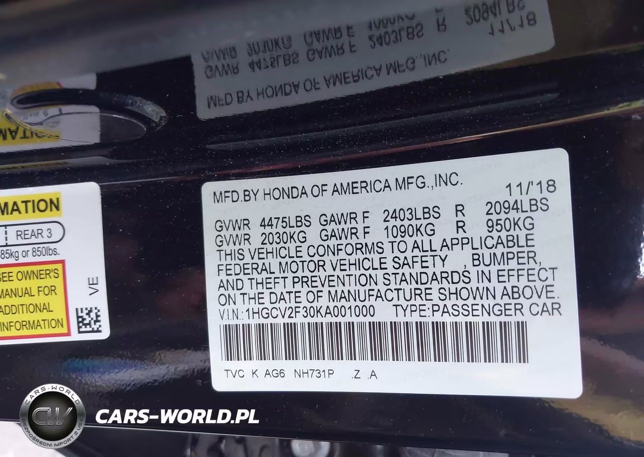 2019 Honda Accord Sport 2.0T VIN:1HGCV2F30KA001000 - 9