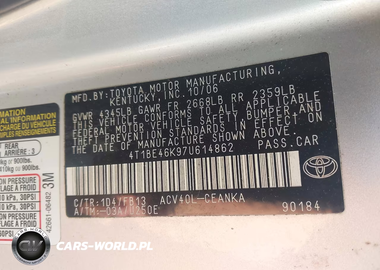 2007 Toyota Camry Ce VIN:4T1BE46K97U614862 - 9