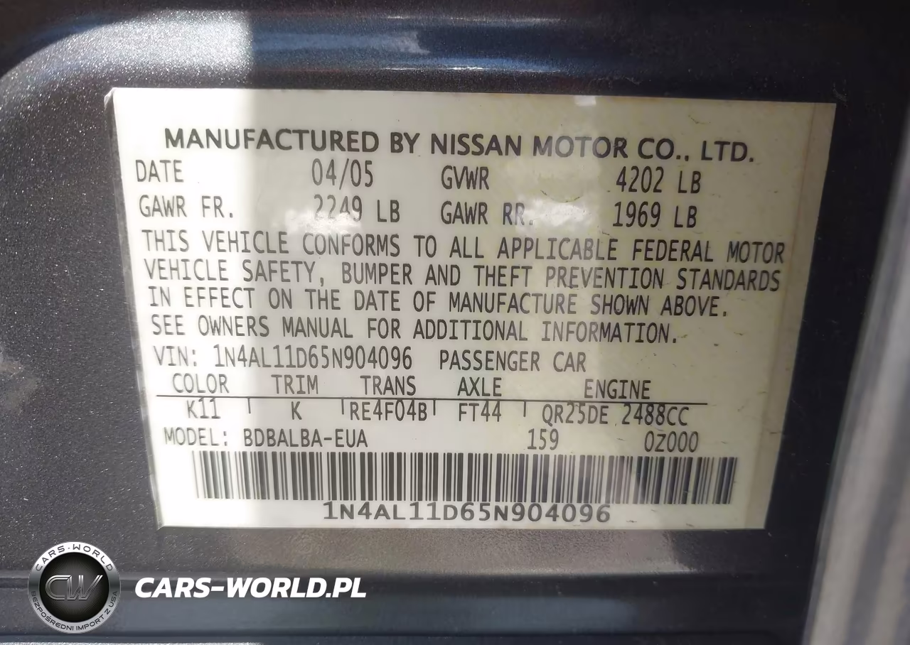 2005 Nissan Altima 2.5 S VIN:1N4AL11D65N904096 - 9
