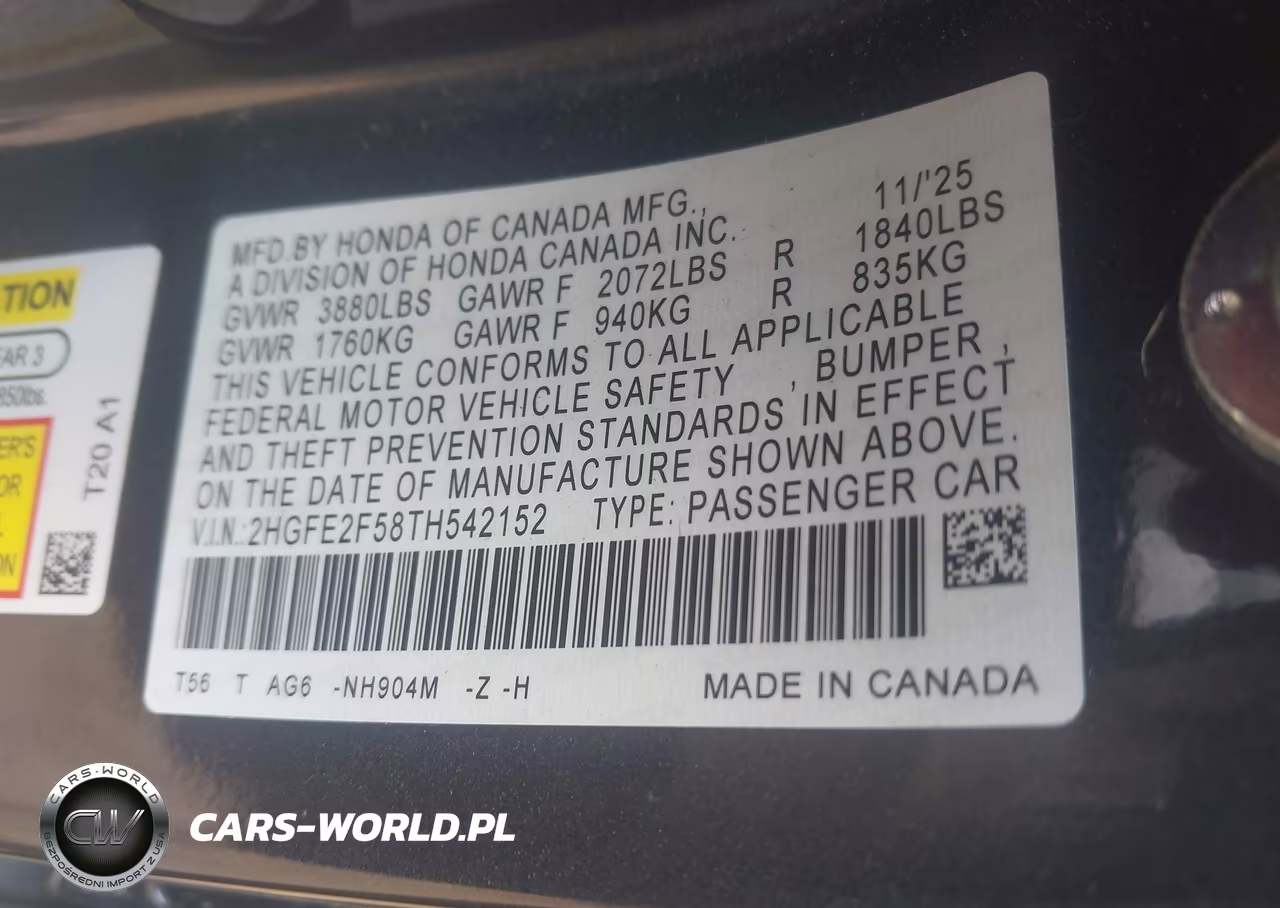 2026 Honda Civic Sport VIN:2HGFE2F58TH542152 - 9