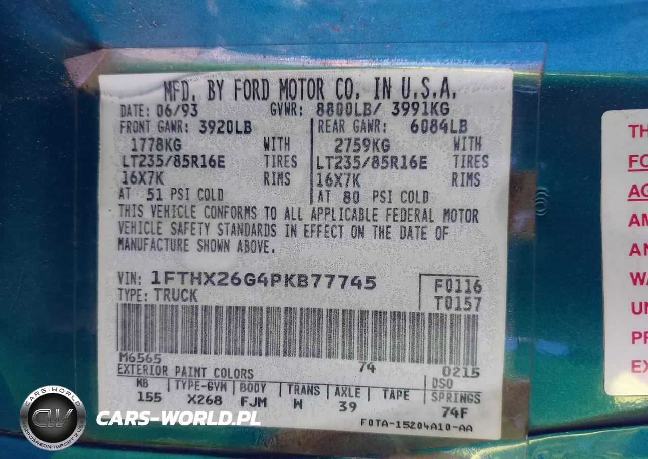 1993 Ford F250 VIN:1FTHX26G4PKB77745 - 9