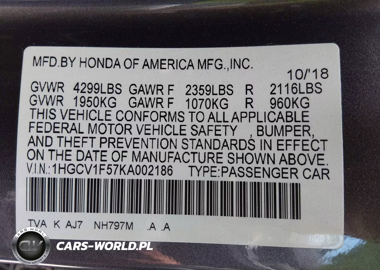 2019 Honda Accord Ex-L VIN:1HGCV1F57KA002186 - 9