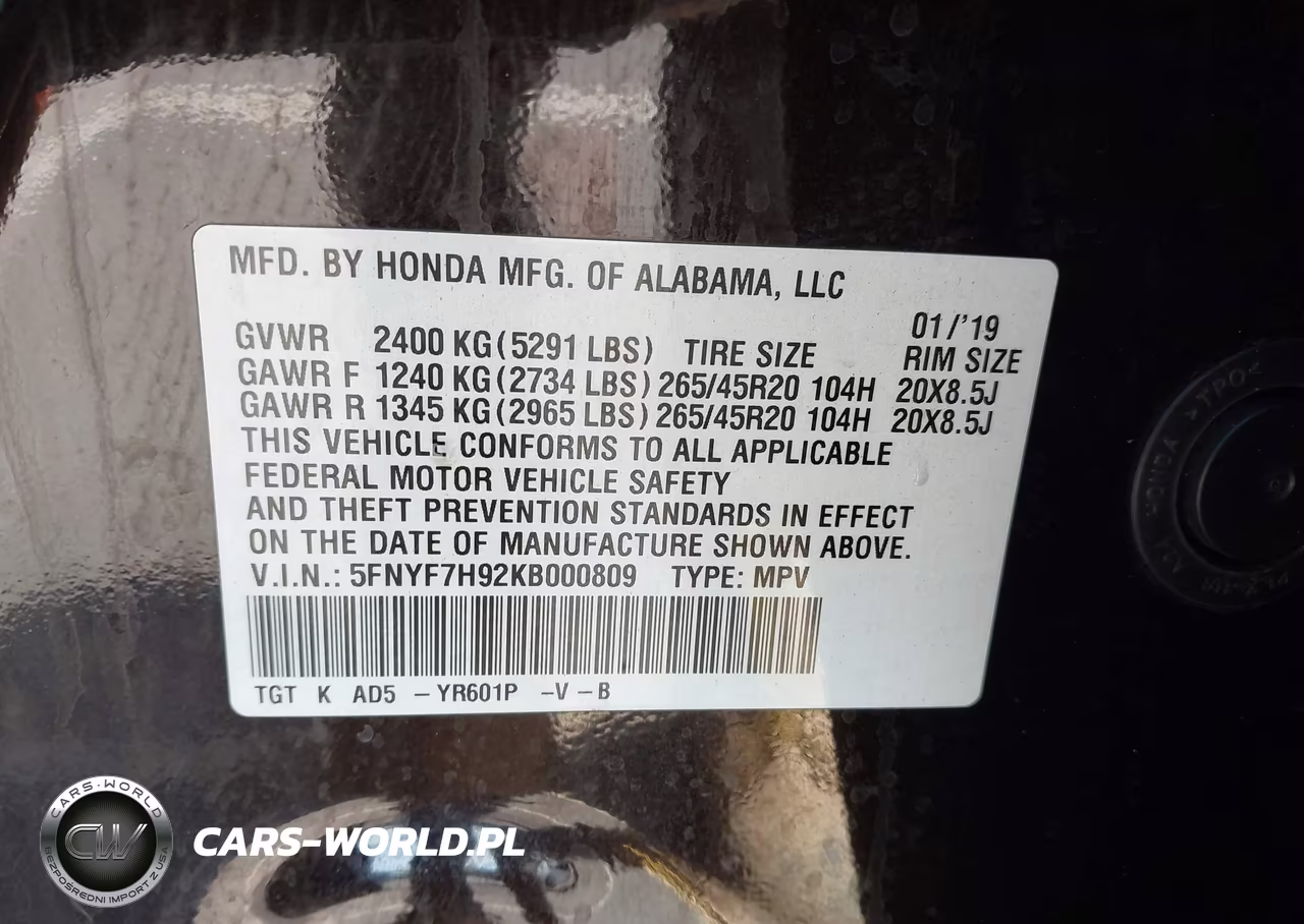 2019 Honda Passport Touring VIN:5FNYF7H92KB000809 - 9