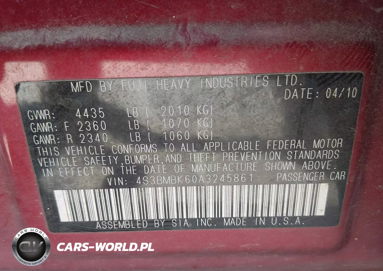2010 Subaru Legacy 2.5I Limited VIN:4S3BMBK60A3245861 - 9