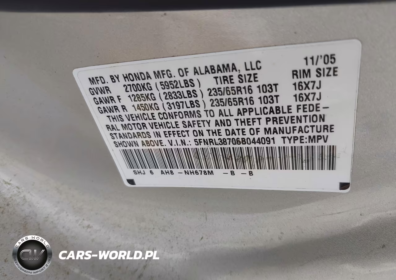 2006 Honda Odyssey Ex-L VIN:5FNRL38706B044091 - 9
