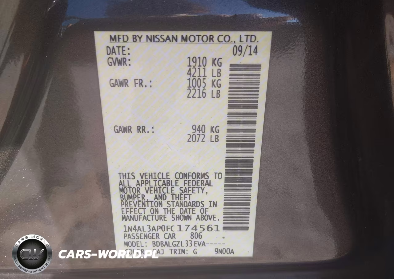 2015 Nissan Altima 2.5-2.5 S-2.5 Sl-2.5 Sv VIN:1N4AL3AP0FC174561 - 9