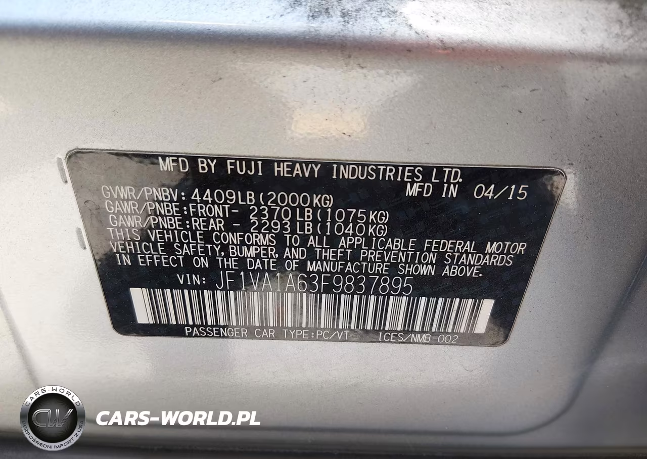 2015 Subaru Wrx VIN:JF1VA1A63F9837895 - 9