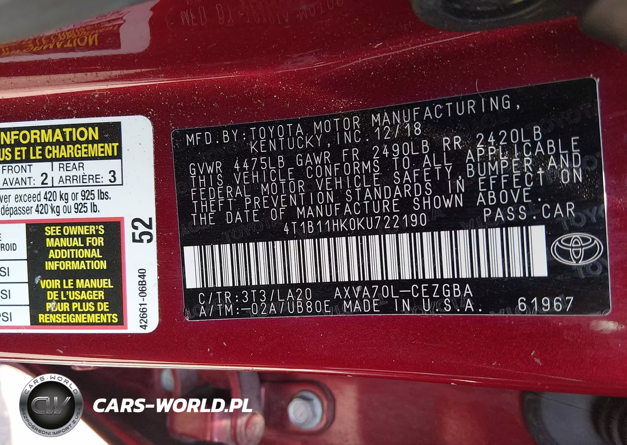2019 Toyota Camry Xle VIN:4T1B11HK0KU722190 - 9