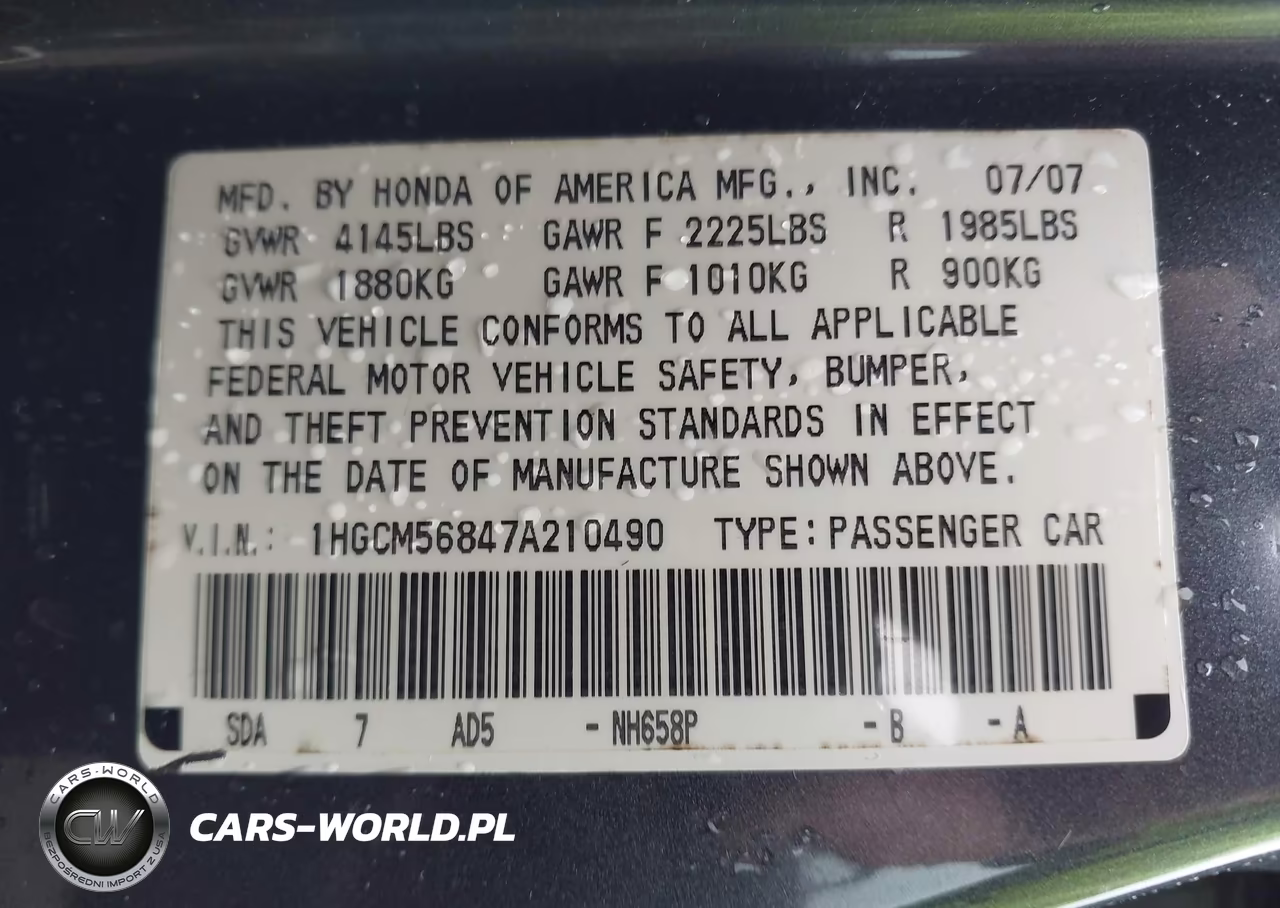 2007 Honda Accord 2.4 Ex VIN:1HGCM56847A210490 - 9