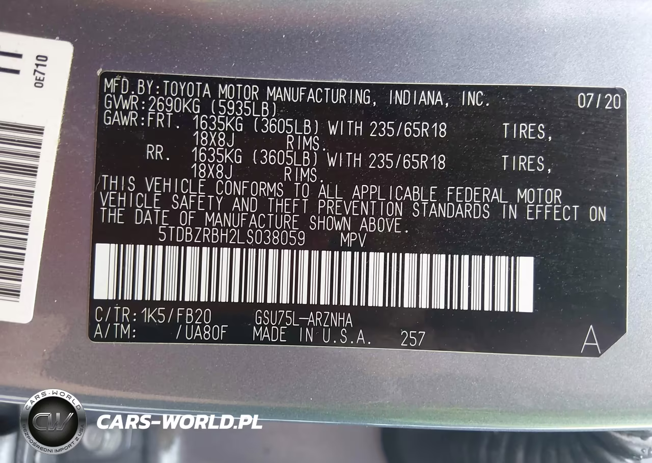 2020 Toyota Highlander Le VIN:5TDBZRBH2LS038059 - 9