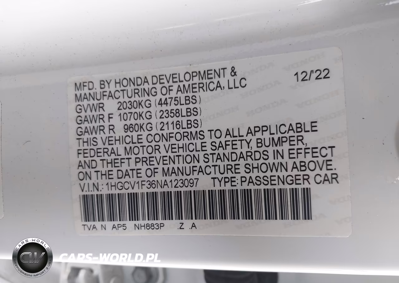 2022 Honda Accord Sport VIN:1HGCV1F36NA123097 - 9