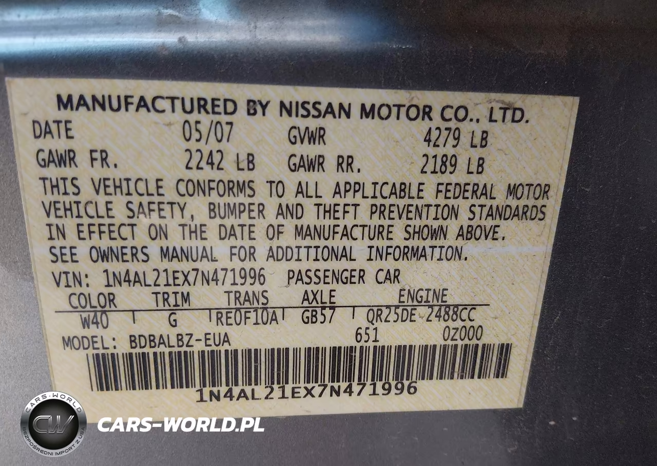 2007 Nissan Altima 2.5 S VIN:1N4AL21EX7N471996 - 9