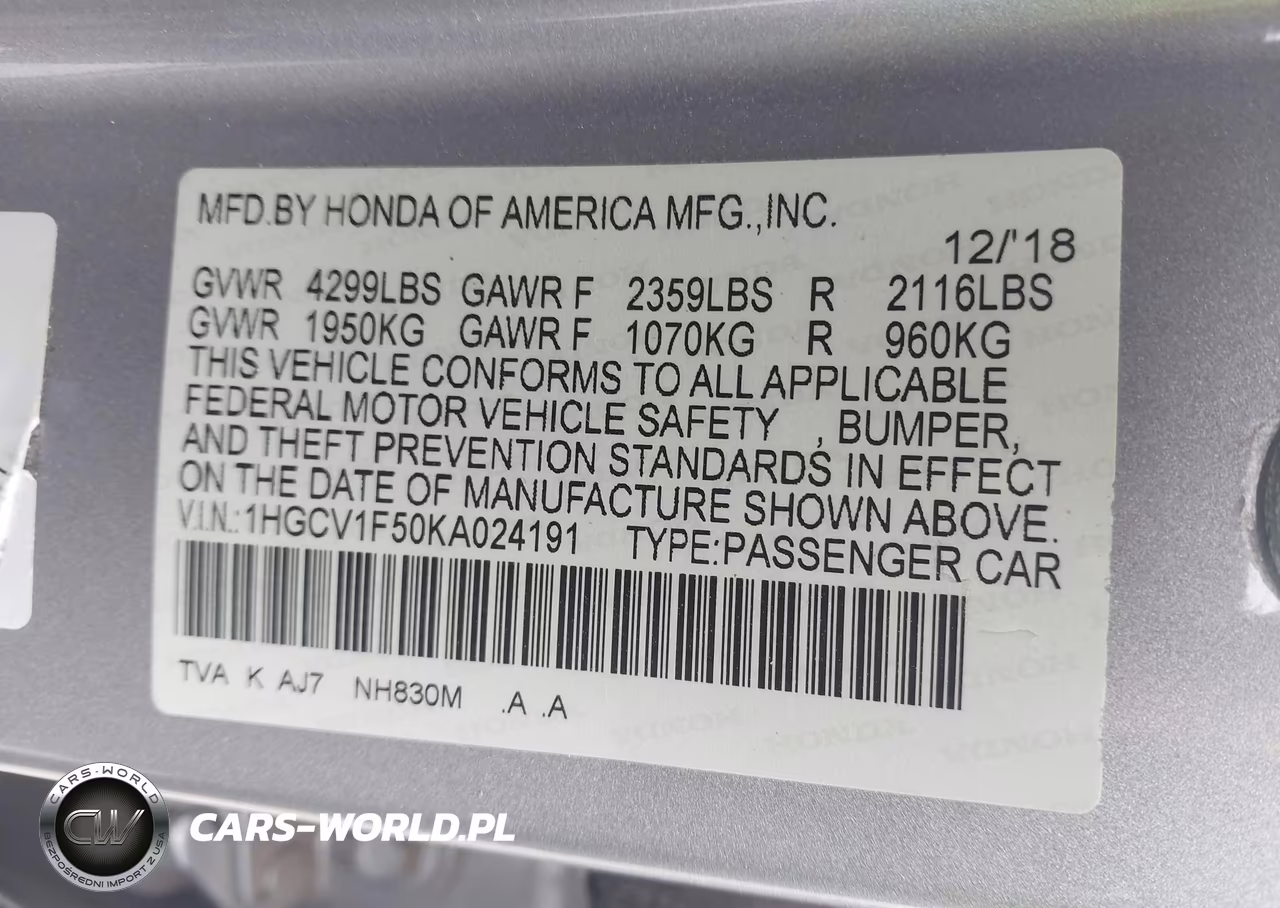 2019 Honda Accord Ex-L VIN:1HGCV1F50KA024191 - 9