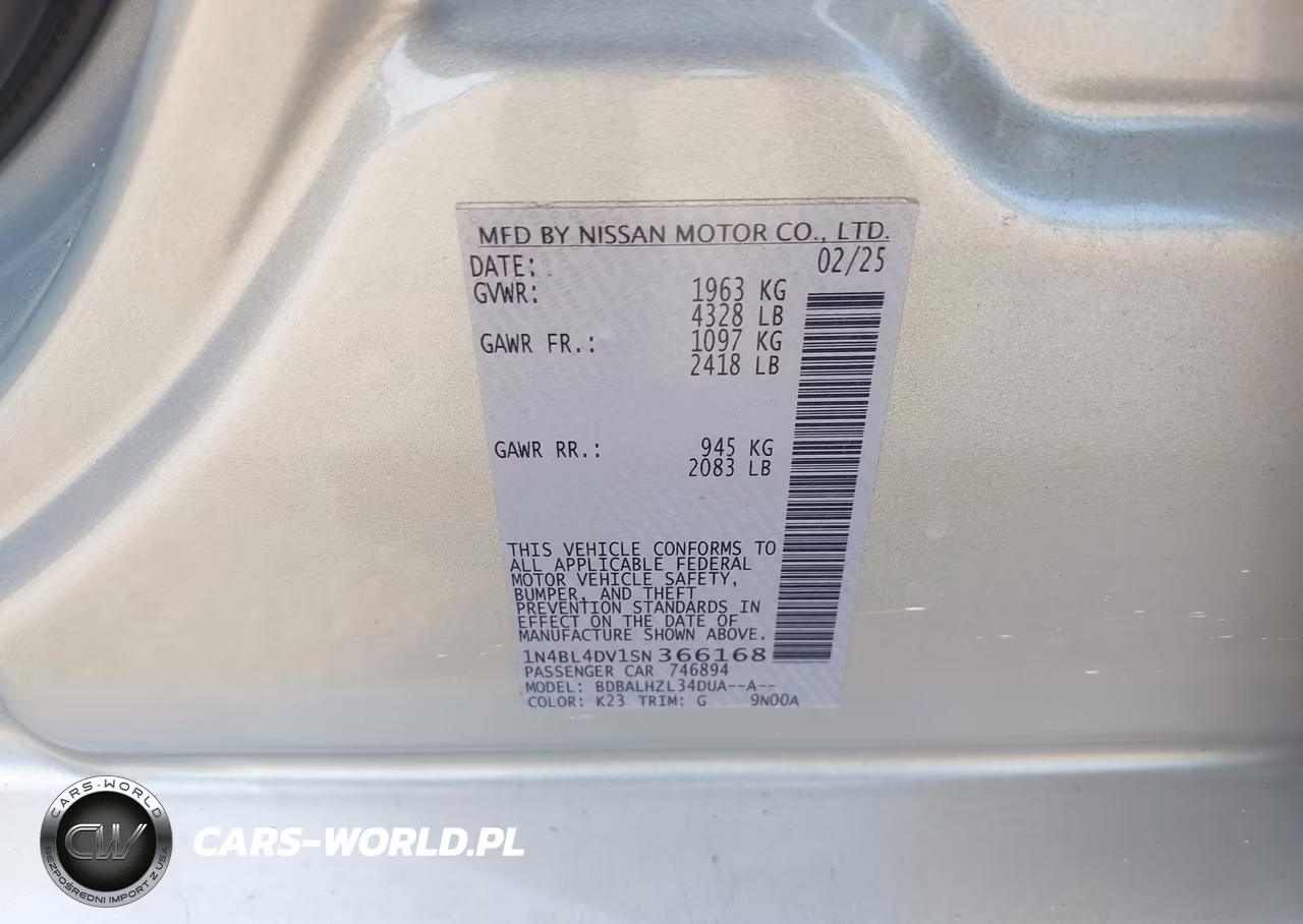 2025 Nissan Altima Sv Fwd VIN:1N4BL4DV1SN366168 - 9