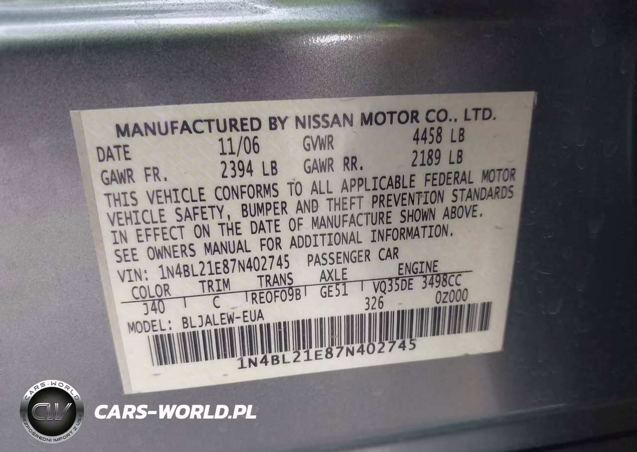 2007 Nissan Altima 3.5 Sl VIN:1N4BL21E87N402745 - 9