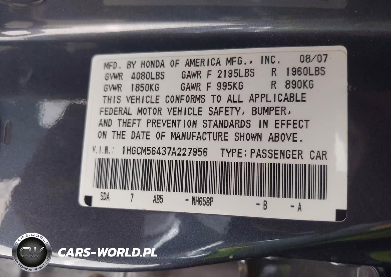 2007 Honda Accord 2.4 Lx VIN:1HGCM56437A227956 - 9