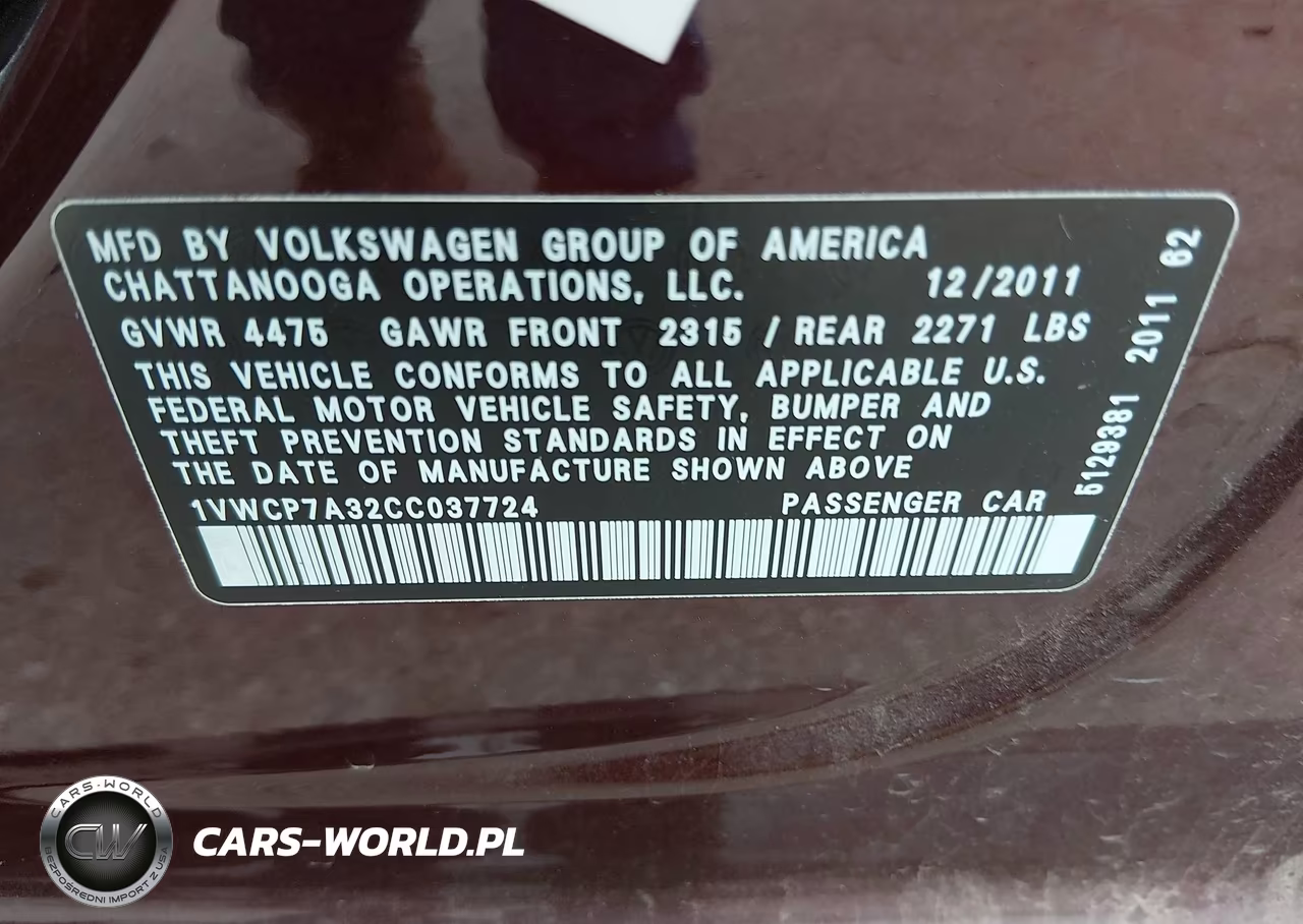 2012 Volkswagen Passat 2.5L Sel VIN:1VWCP7A32CC037724 - 9