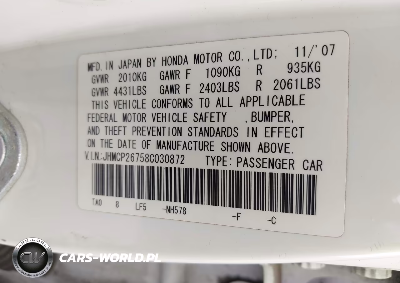 2008 Honda Accord 2.4 Ex VIN:JHMCP26758C030872 - 9