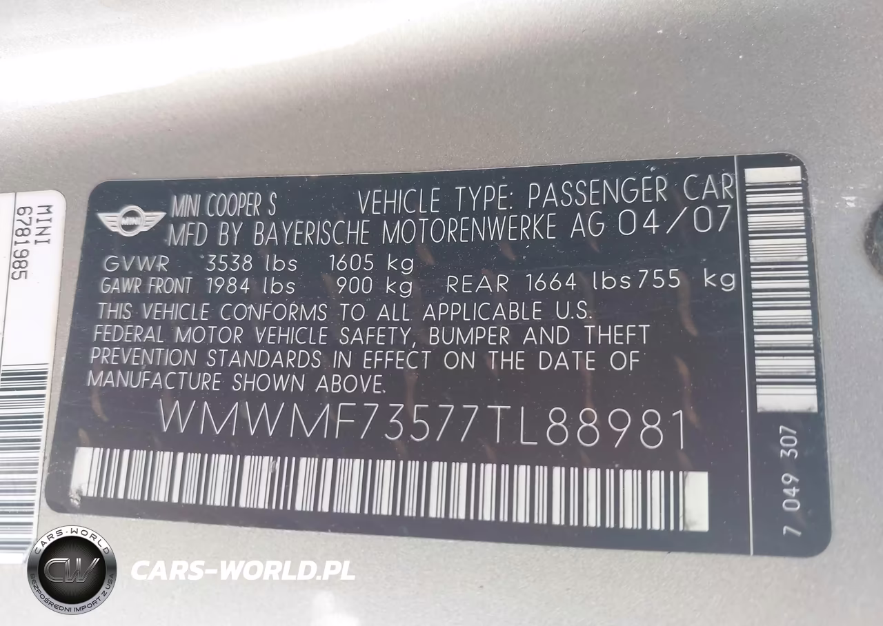 2007 Mini Cooper S VIN:WMWMF73577TL88981 - 9