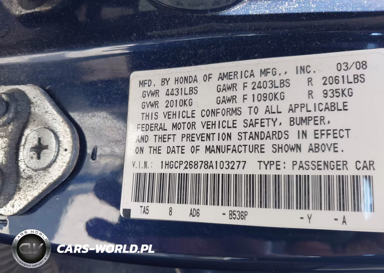 2008 Honda Accord 2.4 Ex-L VIN:1HGCP26878A103277 - 9