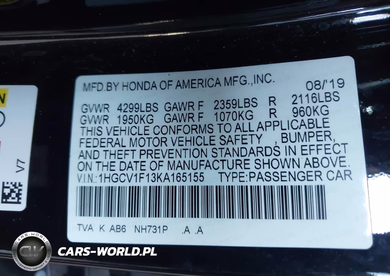 2019 Honda Accord Lx VIN:1HGCV1F13KA165155 - 9