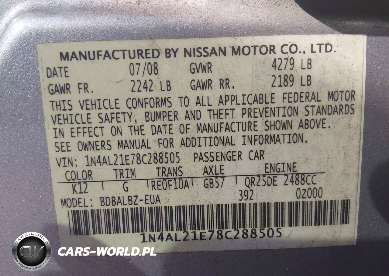 2008 Nissan Altima 2.5 Sl VIN:1N4AL21E78C288505 - 9