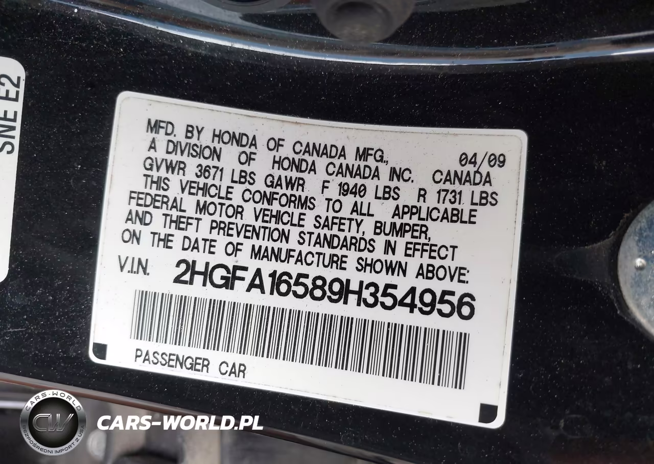 2009 Honda Civic Lx VIN:2HGFA16589H354956 - 9