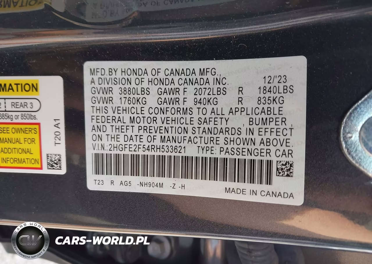 2024 Honda Civic Sport VIN:2HGFE2F54RH533621 - 9