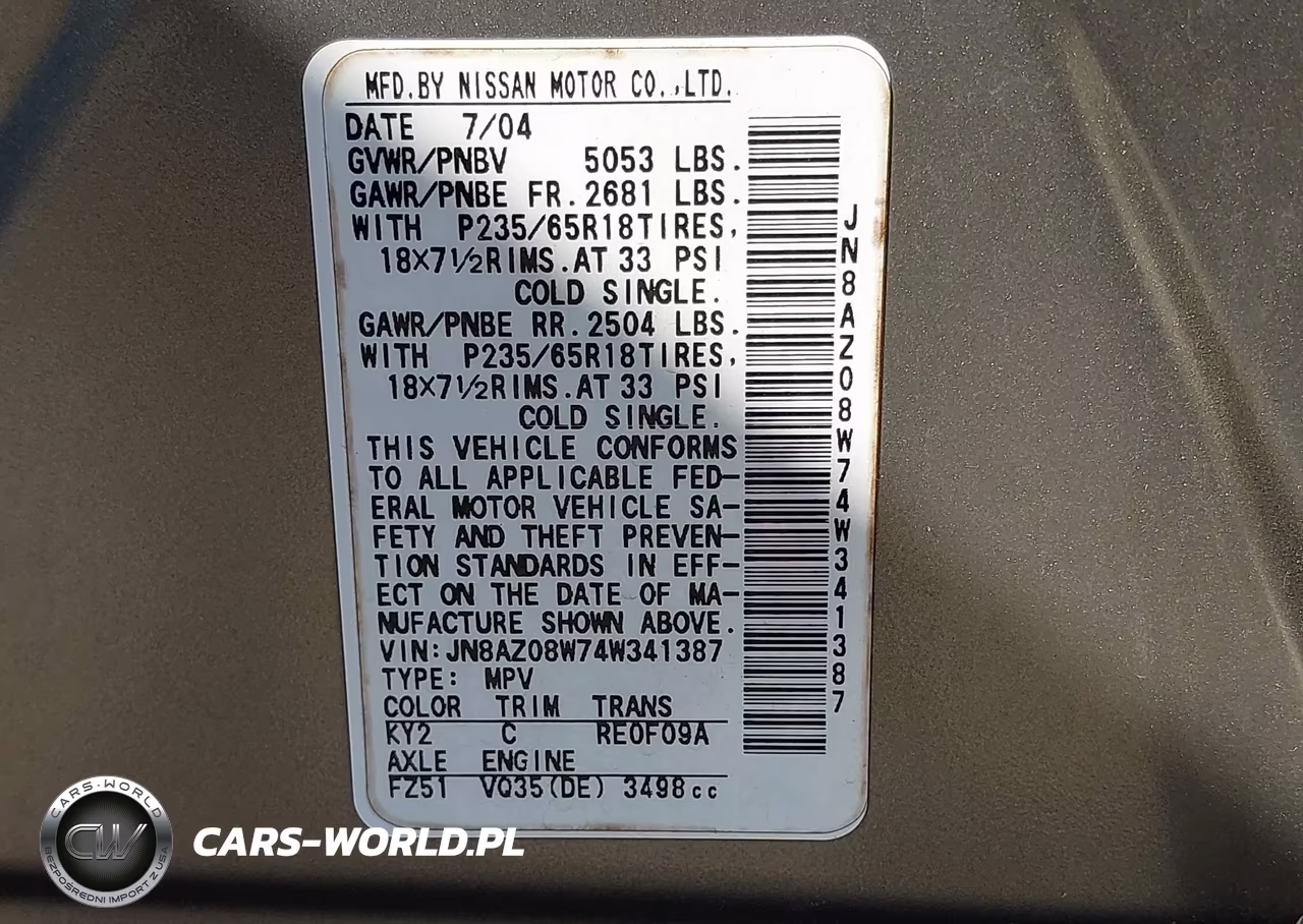 2004 Nissan Murano Sl VIN:JN8AZ08W74W341387 - 9