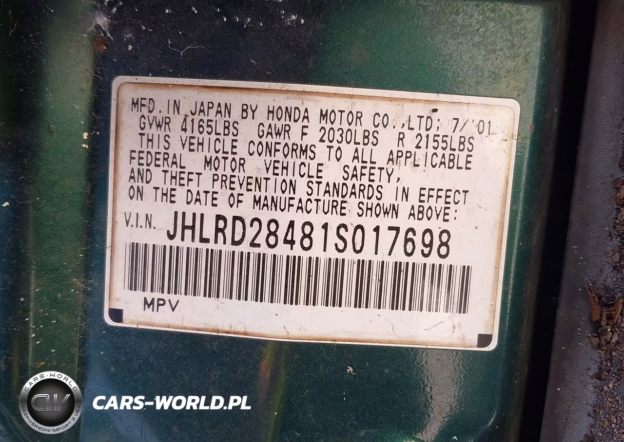 2001 Honda Cr-V Lx VIN:JHLRD28481S017698 - 9