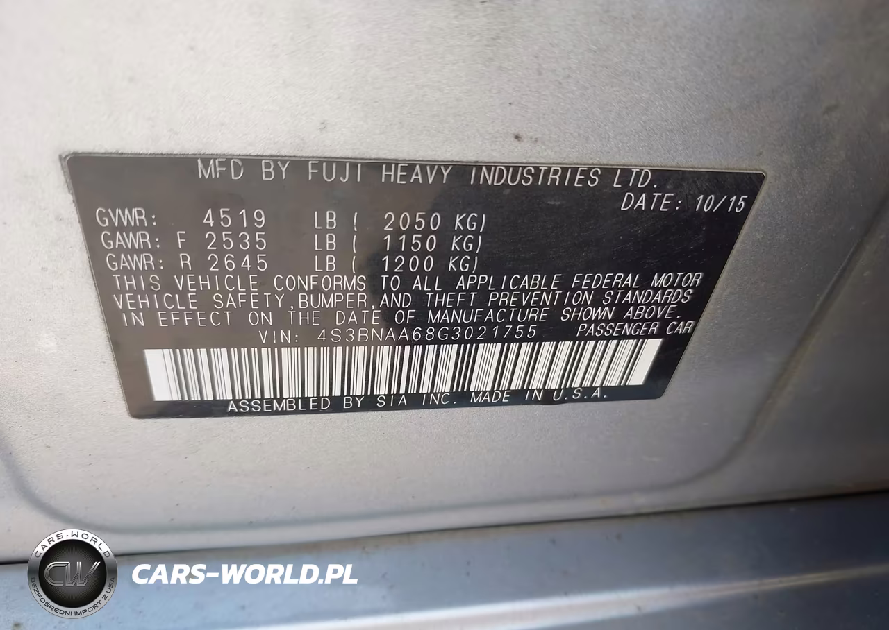 2016 Subaru Legacy 2.5I VIN:4S3BNAA68G3021755 - 9