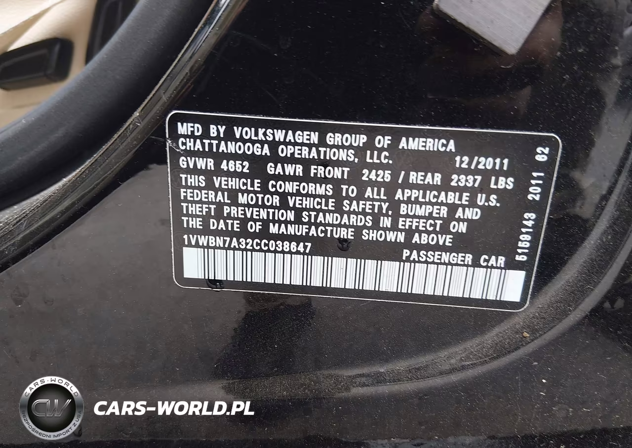 2012 Volkswagen Passat 2.0L Tdi Se VIN:1VWBN7A32CC038647 - 9