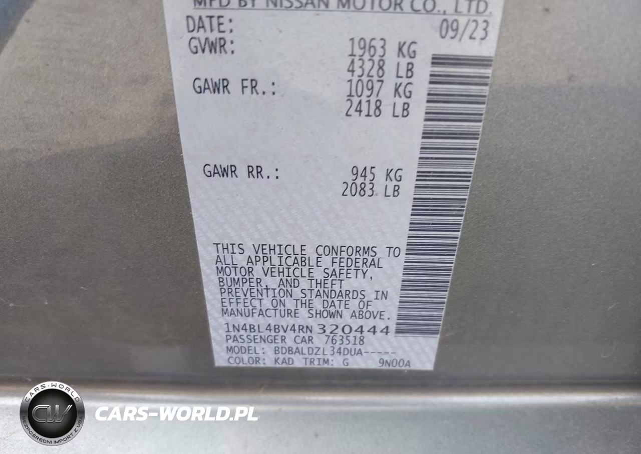 2024 Nissan Altima S Fwd VIN:1N4BL4BV4RN320444 - 9