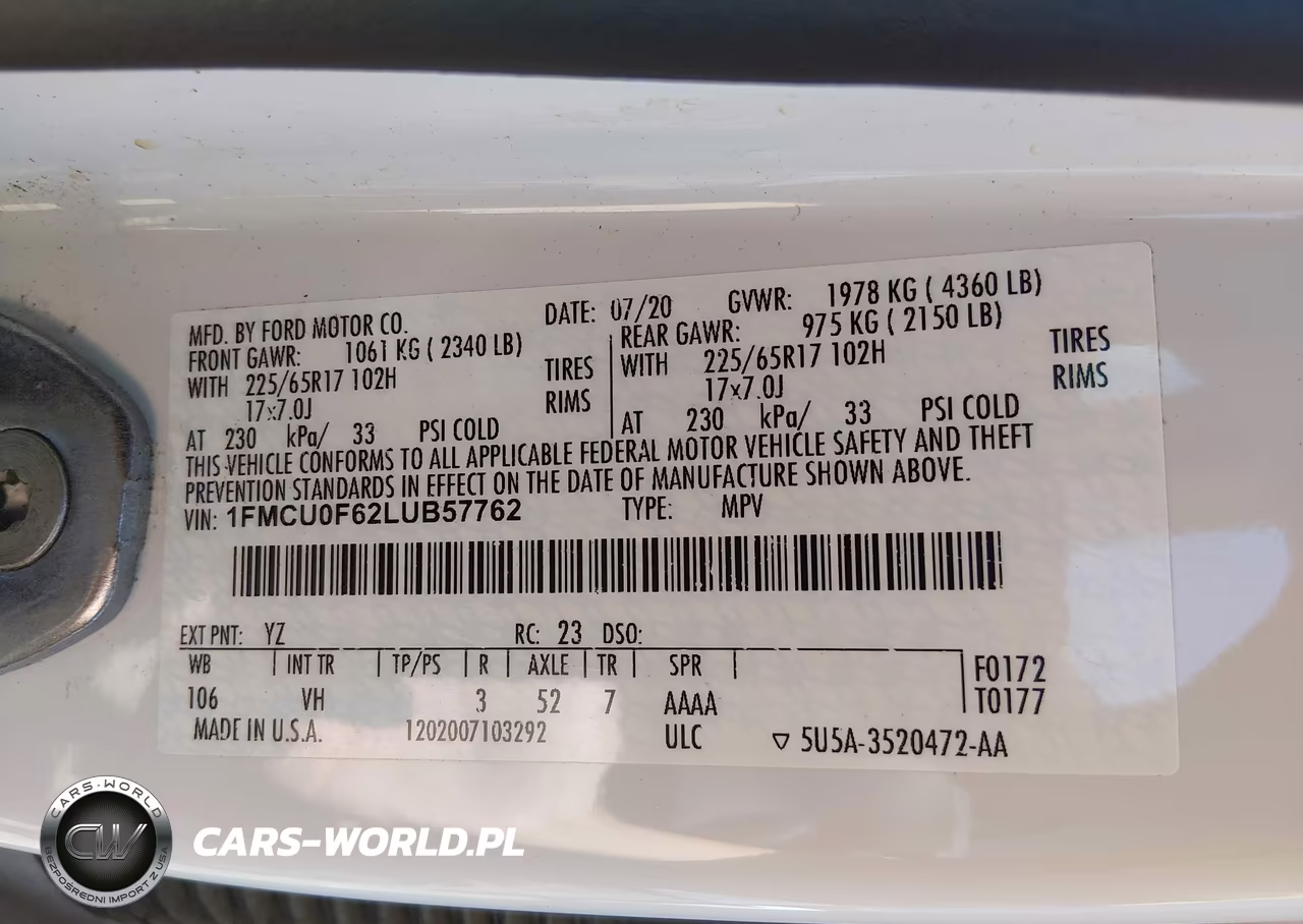 2020 Ford Escape S VIN:1FMCU0F62LUB57762 - 9