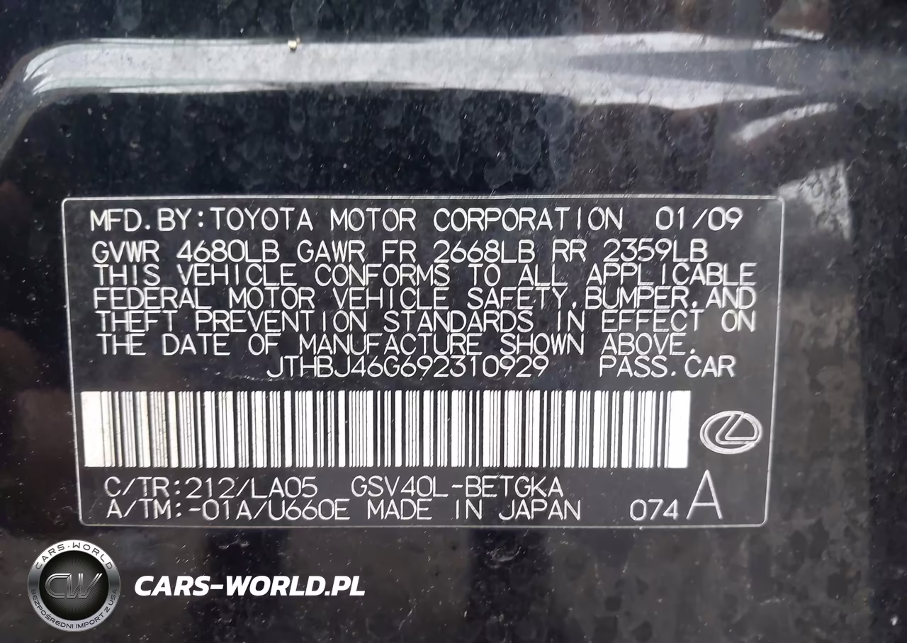 2009 Lexus Es 350 VIN:JTHBJ46G692310929 - 9