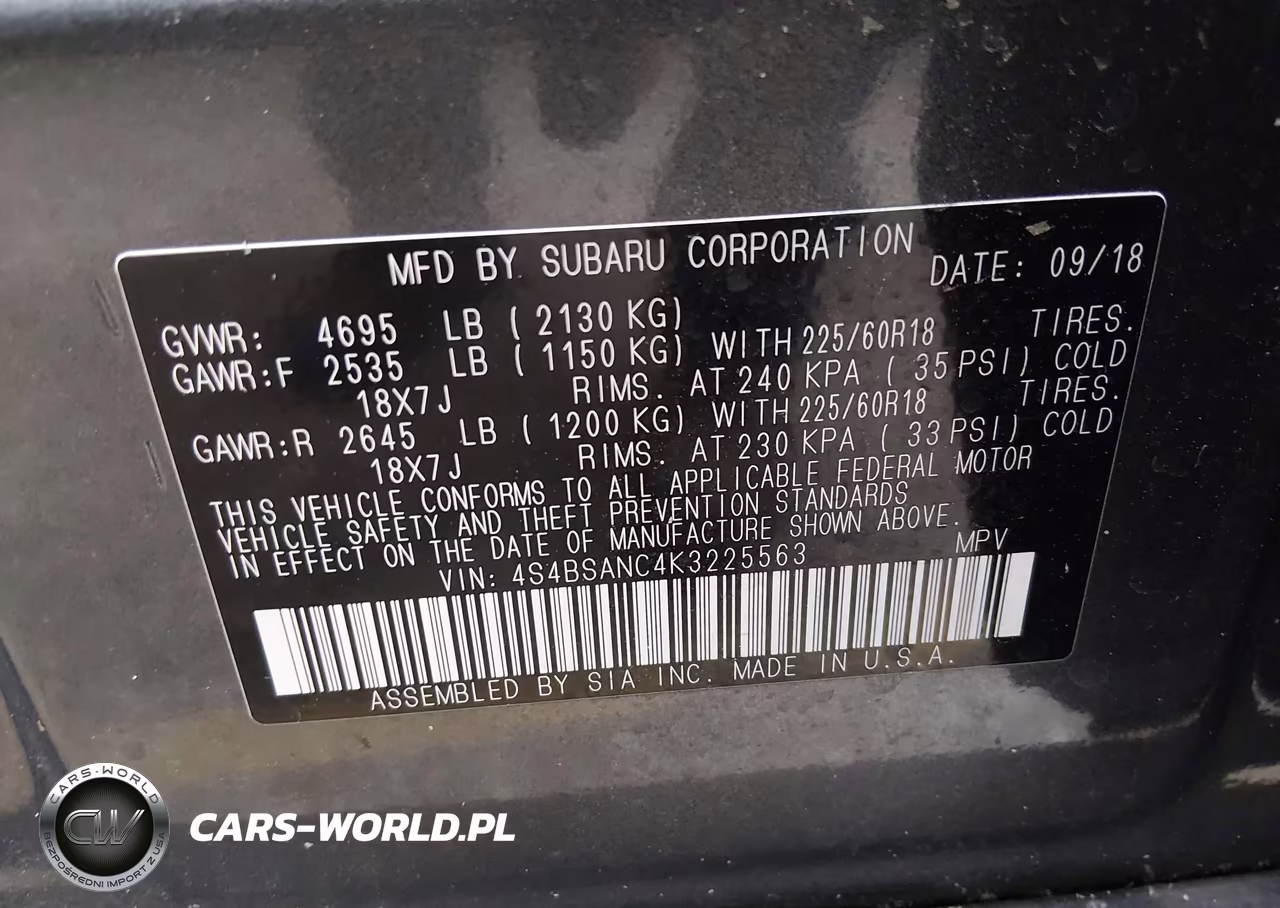 2019 Subaru Outback 2.5I Limited VIN:4S4BSANC4K3225563 - 9